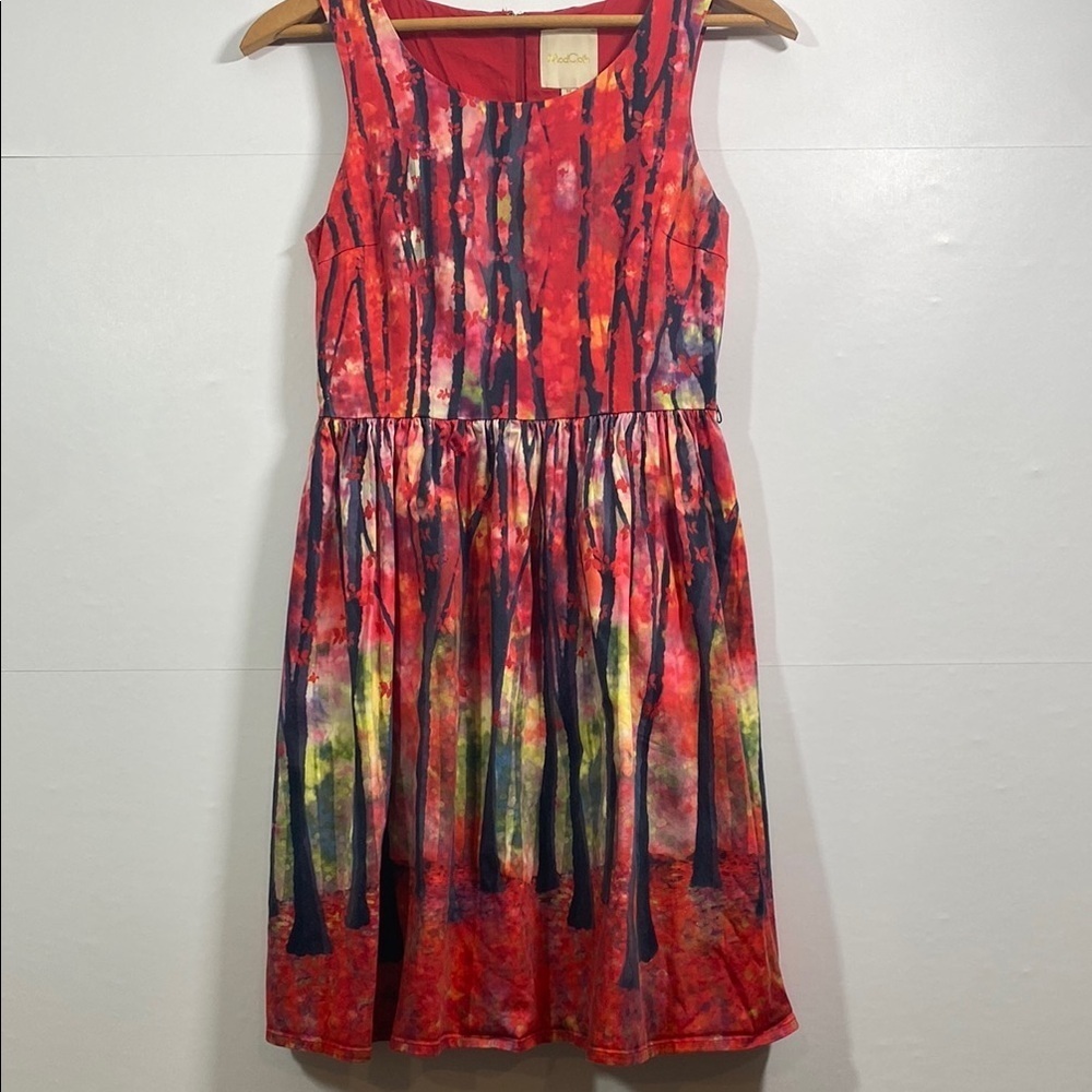 Mod Cloth Cotton Vibrant Multicolor Sleeveless Dress w/ Watercolor Forest Size M